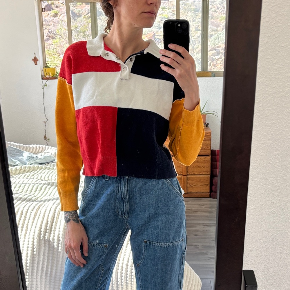 Vintage Colorblock Cropped Polo Sweater